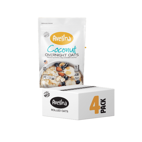 Avelina Coconut Oatmeal | 100% Gluten Free | Wholesome Whole Grain Oats For Breakfast, Baking, or Smoothies, 4-Pack (12.3 oz Bags)