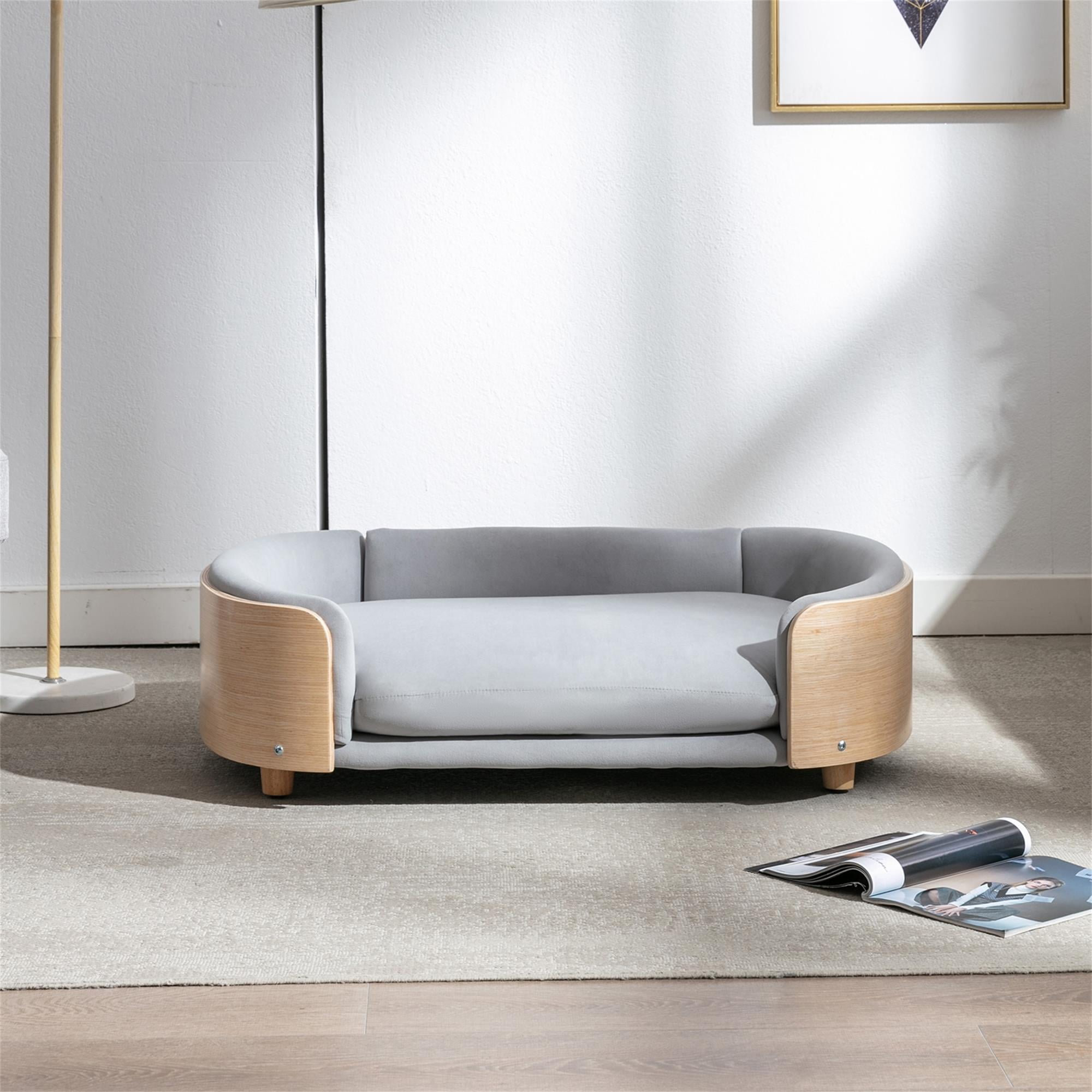 Pefilos 38" Elevated Dog Bed Pet Sofa with Solid Wood Legs and Bent Back, Cat Sofa Bed Velvet Cushion Couch Furniture, Gray