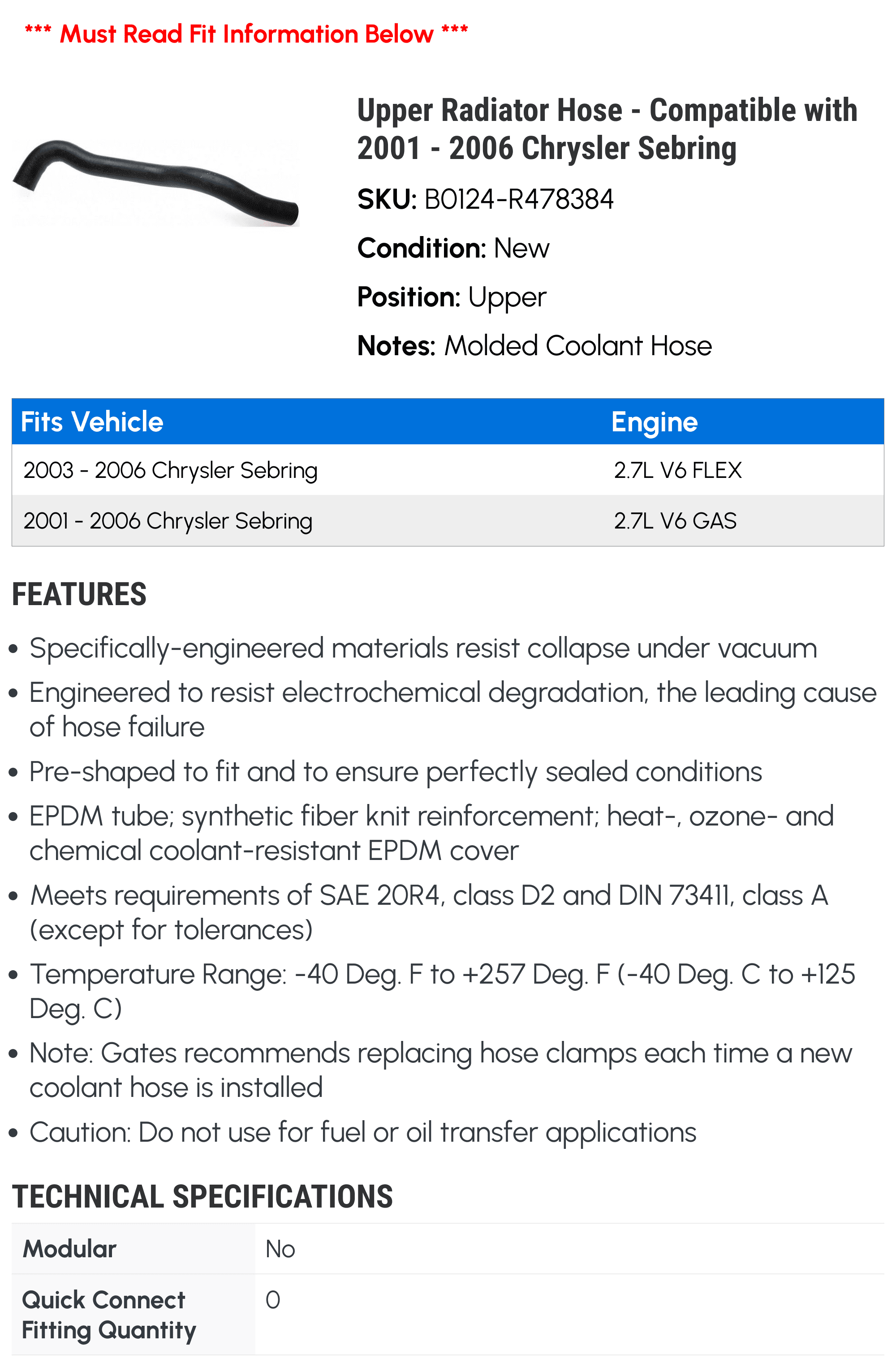 Upper Radiator Hose - Compatible with 2001 - 2006 Chrysler Sebring - Gates