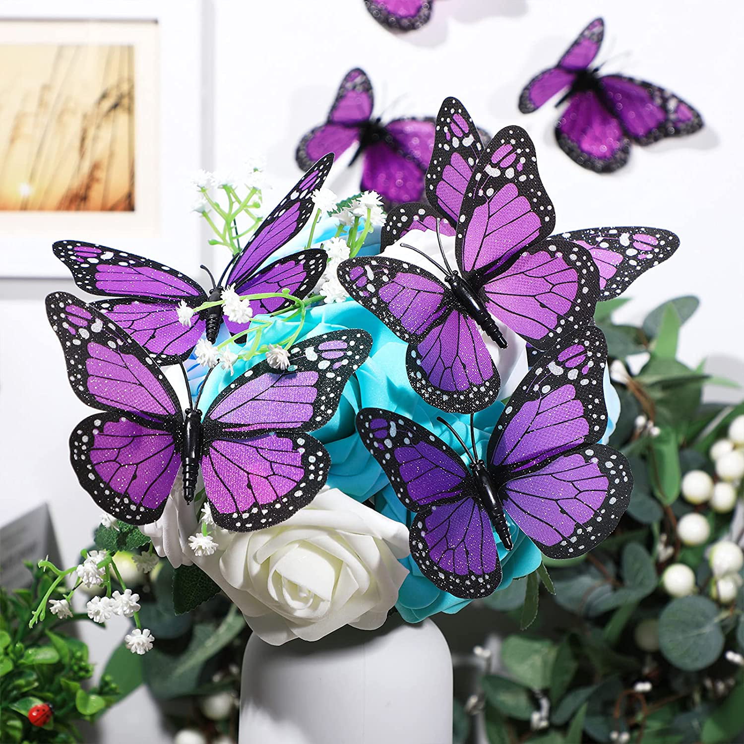 40Pcs Monarch Butterfly Decorations Bulk,4.72'' Halloween Butterfly Wall  Decor Artificial Monarch Butterfly Magnetic Butterfly Decor 3D Monarch