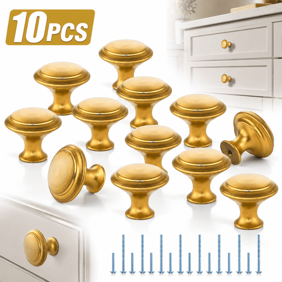 Genreen 10 Pack 30mm Gold Kitchen Cabinet Knobs Drawer Pulls with Installation Screws for Dressers Kitchens Cupboard