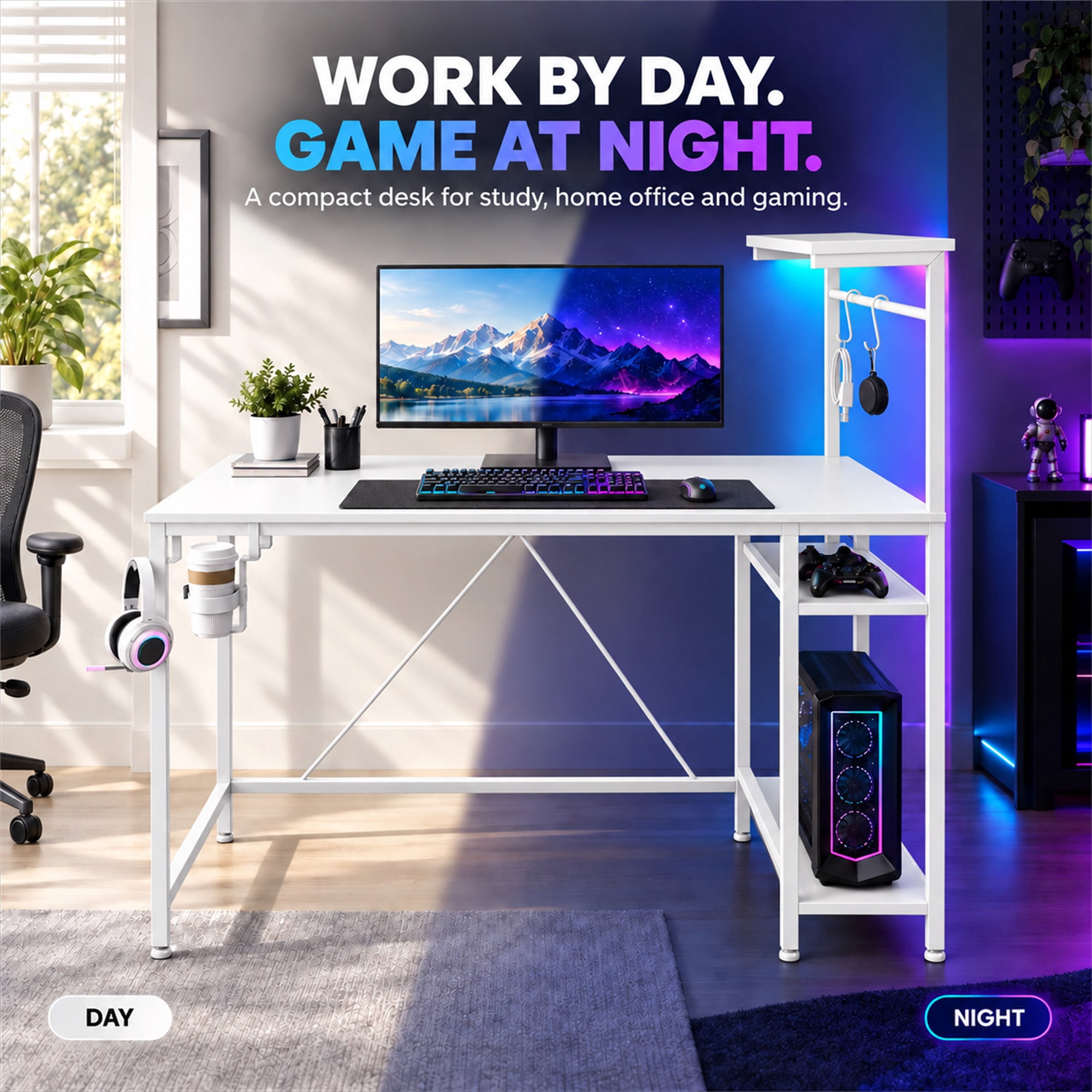 CloudRest Pro 44 Inch Gaming Desk with RGB LED Lights, Reversible Computer Desk with 4-Tier Storage Shelves, Cup Holder and Headphone Hook, White