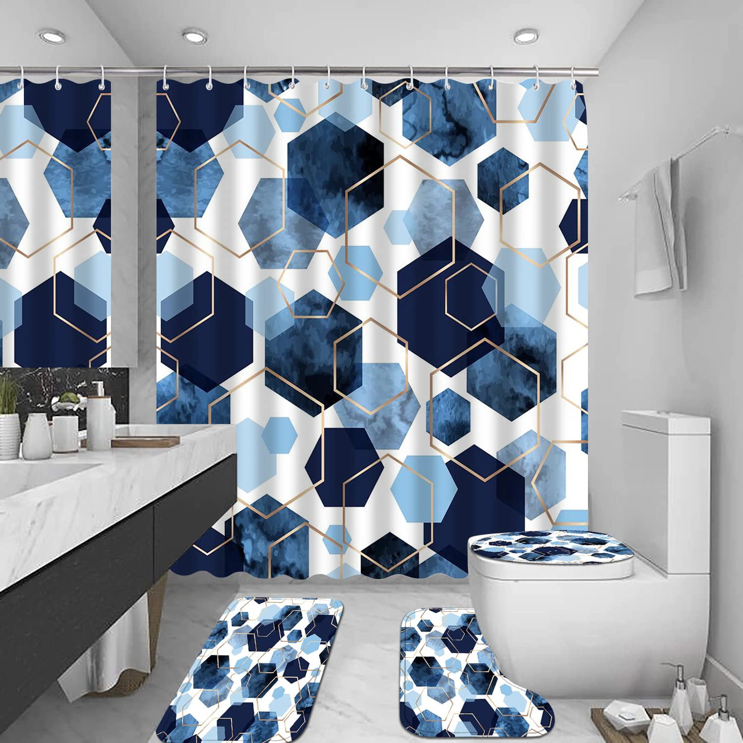 4Pcs Sky Blue Geometric Shower Curtain Set with Navy Blue Abstract Art, 12 Hooks, Bath Mat and Rugs