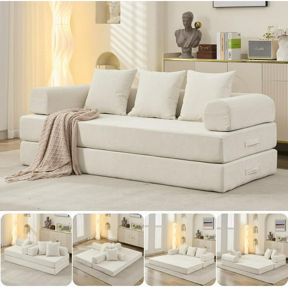 Convertible Floor Sofa Bed, Chenille Fabric Folding Mattress Couch with Armrest and Pillows, No Assembly Space-Saving Floor Lounge Couch for Living Room, Bedroom, Studio(Beige)