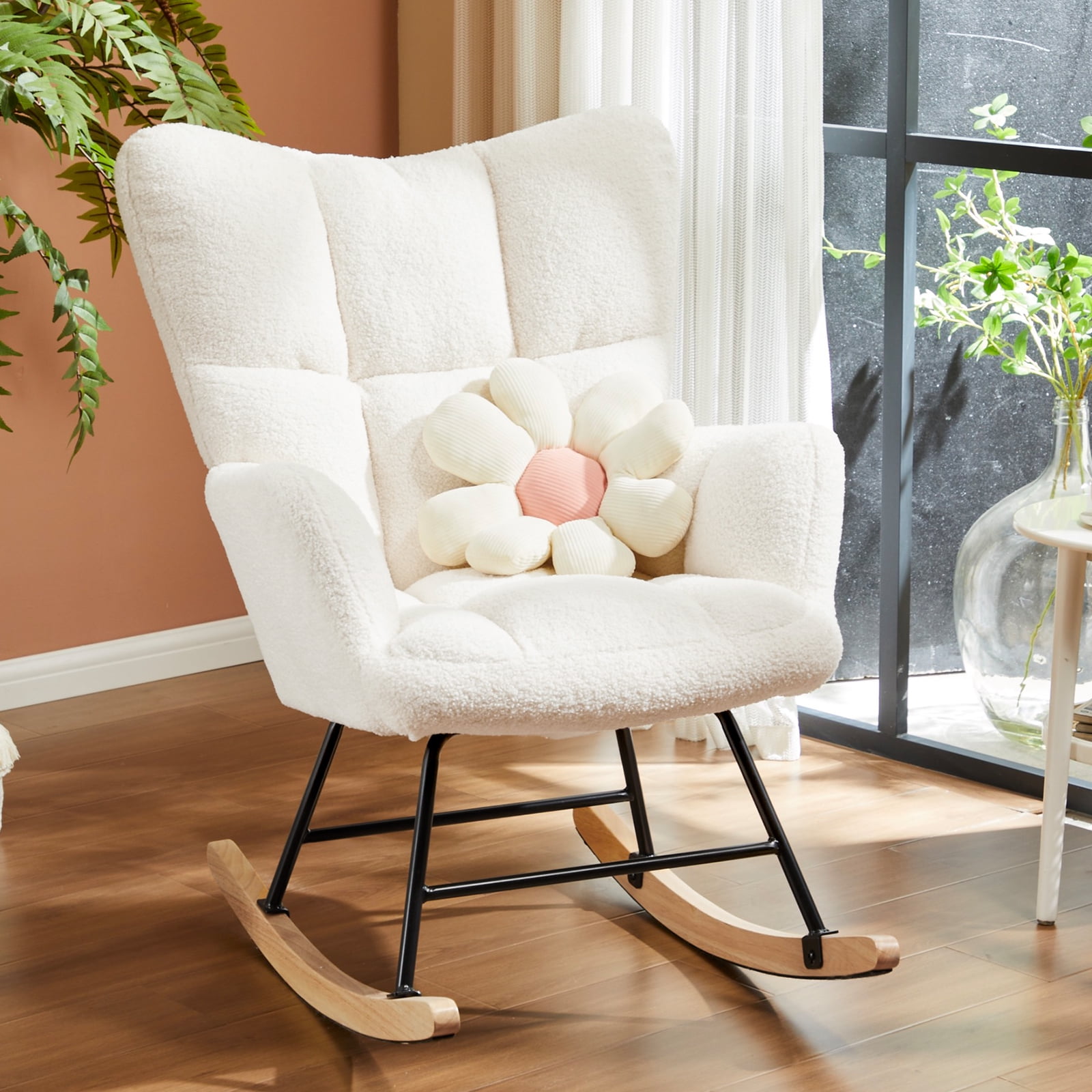 MCQ Rocking Chair Nursery, Teddy Upholstered Glider Rocker with High Backrest, Reading Chair Modern Rocking Accent Chairs Glider Recliner, Beige