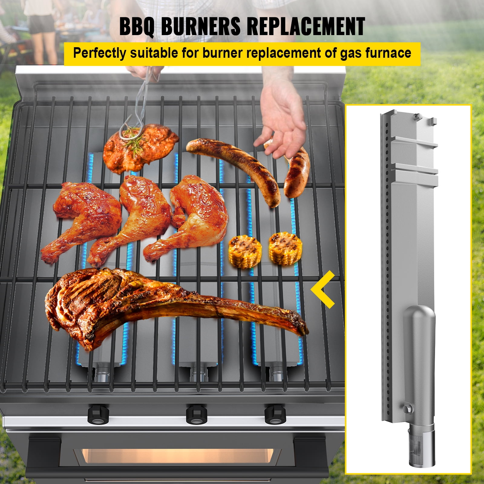 VEVOR Grill Burners Stainless Steel BBQ Burners Replacement 1 Pack Grill Burner Replacement Flame Grill with 16.1 Length Barbecue Replacement