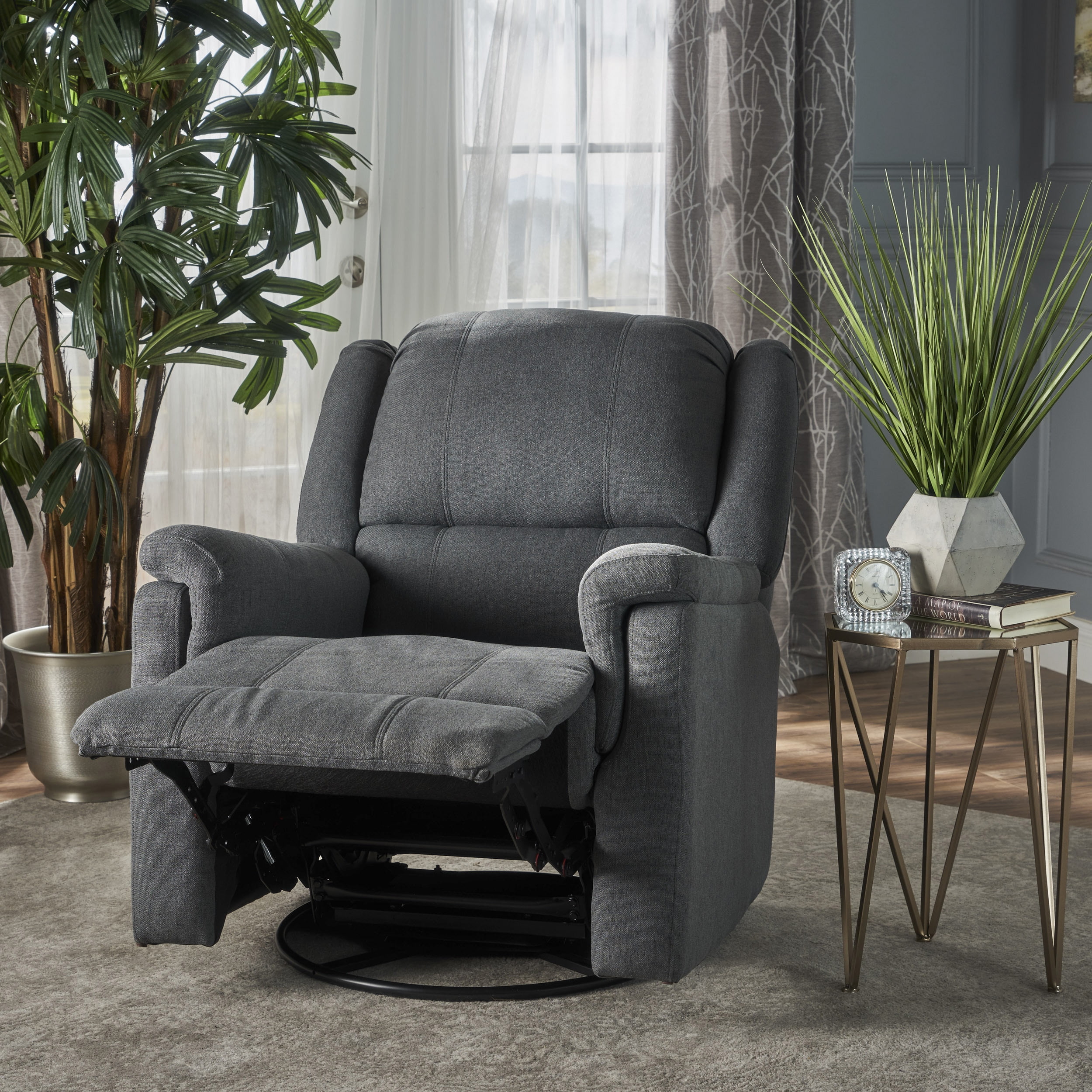 Noble House Jeffrey Standard Fabric Tufted Swivel Glider Recliner, Charcoal