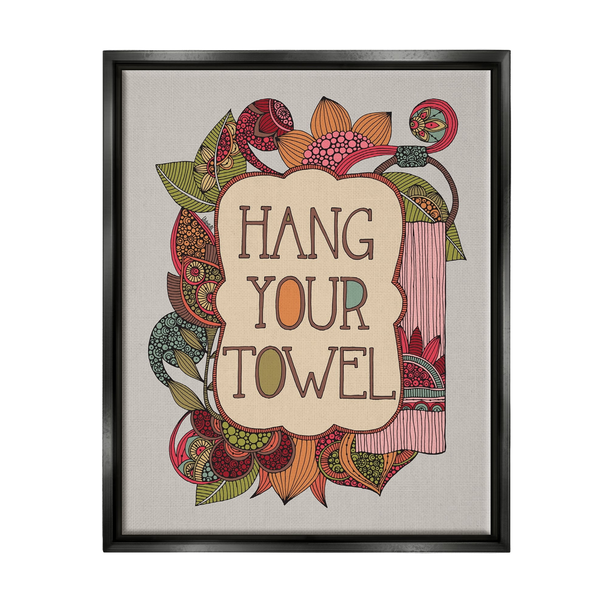 Stupell Industries Hang Your Towel Intricate Floral Mandala Shapes Graphic Art Jet Black Floating Framed Canvas Print Wall Art, Design by Valentina Harper