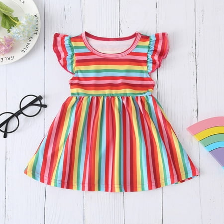 

Tking Fashion Toddler Kids Baby Girls Striped Rainbow Fly Sleeve Princess Dress Party Dress Multicolor 120