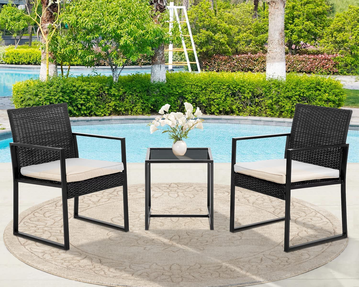 Grey Flamaker 3 Pieces Patio Set Outdoor Wicker Patio Furniture Sets Modern Bistro Set Rattan Chair Conversation Sets with Coffee Table for Yard and Bistro 