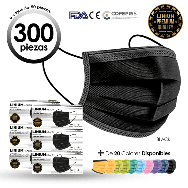Cubrebocas Tapabocas Tricapa negro adulto 300 pzs LINIUM HEALTH negro adulto