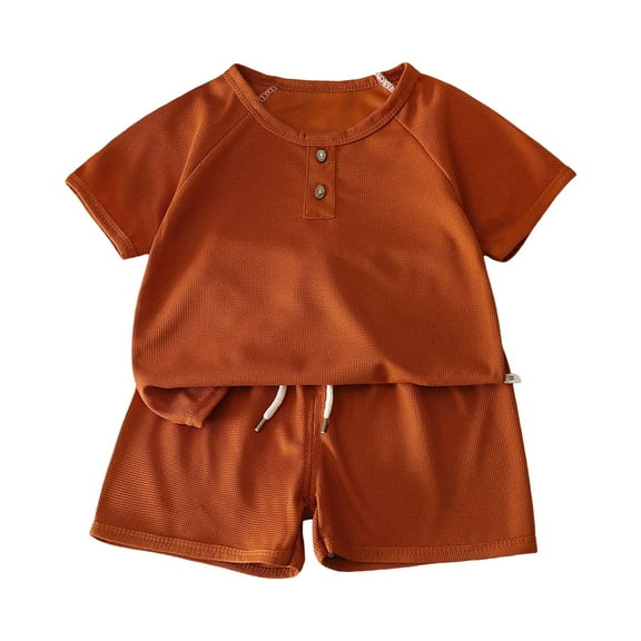 Toddler Baby Boy Summer Clothes Set 6 12 18 24 Months 2T 3T 4T Tractor Letter Print Short Sleeve T-Shirt Elastic Waist Solid Shorts Outfit Sets Gibobby(12-18 Months,Brown)