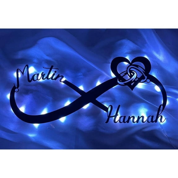 Handmadetneonsign Personalized Infinity Heart Rings Metal Wall LED Light, Couple Name Metal Sign