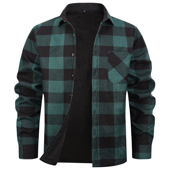 Breezora Men's Warm Flannel Shirt with Brushed Fleece Lining Cold Weather Plaid Long Sleeve Top for Autumn and Winter L Size Blackish Green