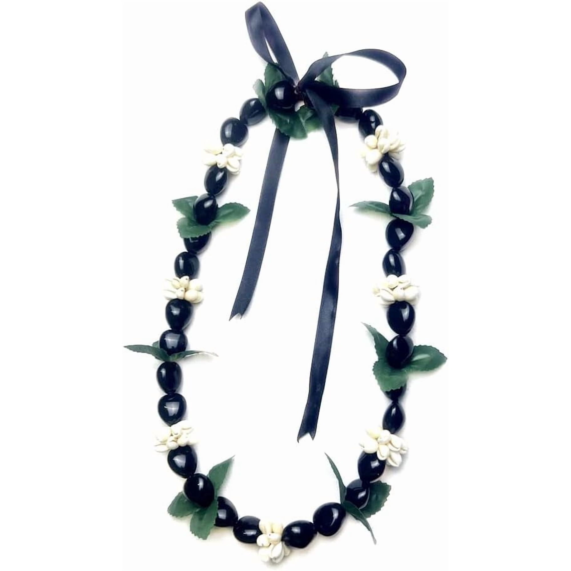 Hawaiian Graduation Black Kukui Nut Leis Flower Necklace Ribbon Bow Tie Closure Adjustable Acrylic Heart Shell Beads for High School College Graduation Party Accessories