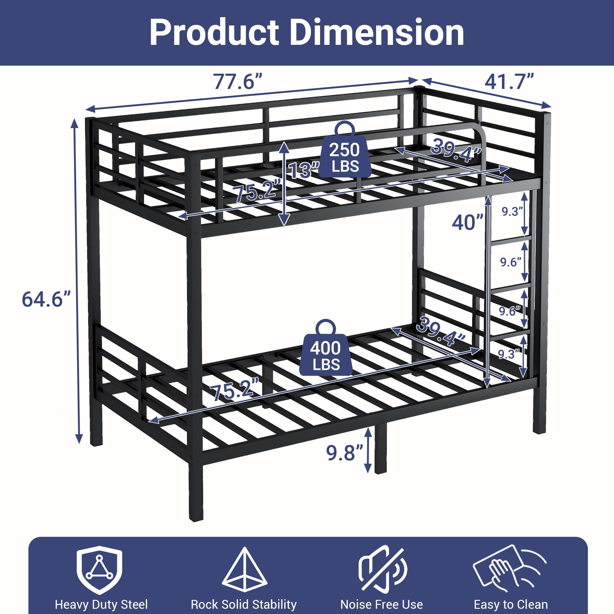 Miniyam Twin over Twin Metal Bunk Bed with Underbed Storage,Black