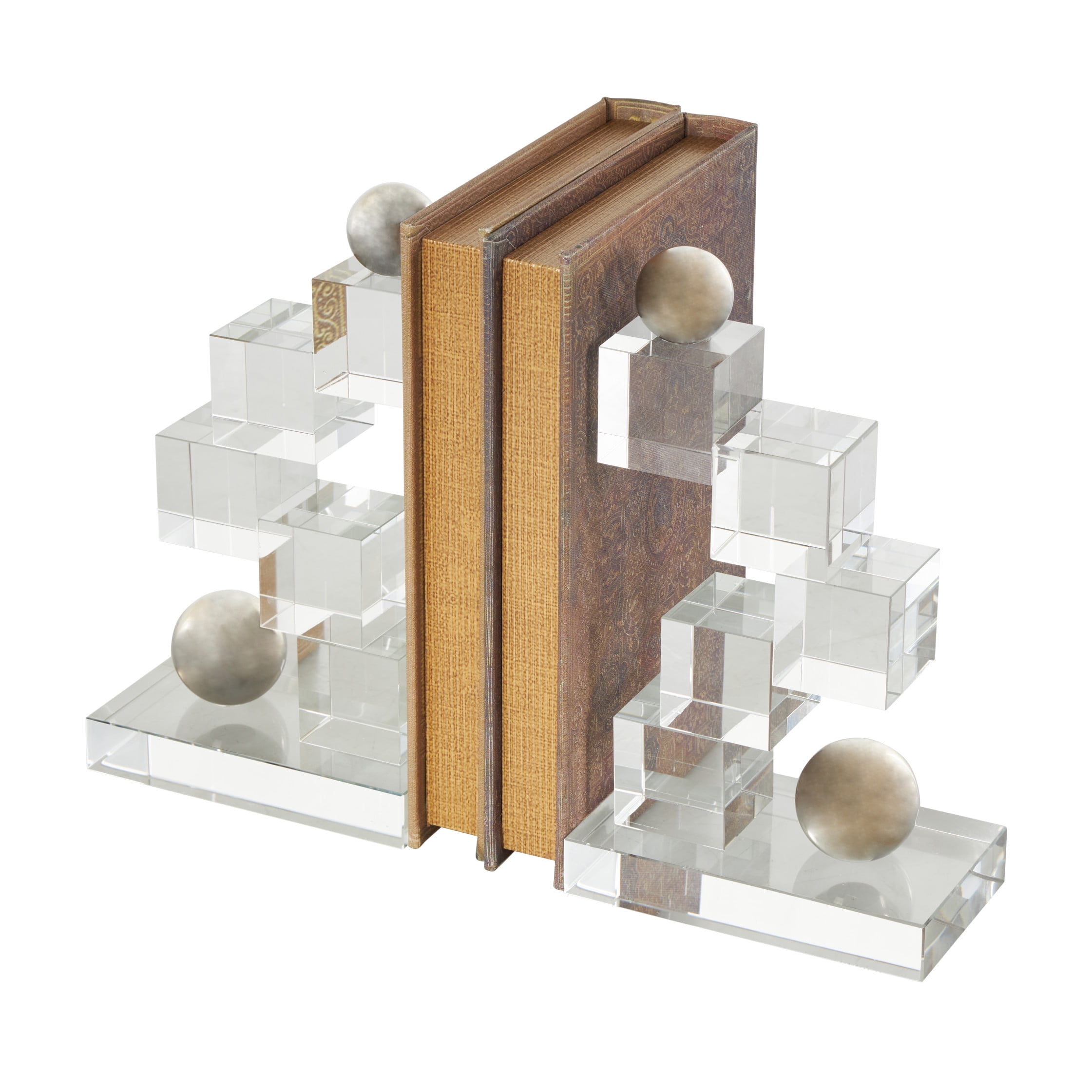 DecMode 5" Stacked Squares Geometric Clear Glass Bookends with Silver Orbs (Set of 2)