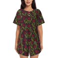 thumbnail image 1 of Balery Burgundy Peony Flowers Conjunto de Pijama para Mujer con Estampado, Dos Piezas de Manga Corta y Shorts, Ropa de Dormir Suave con Cuello Redondo y Bolsillos-Small, 1 of 6