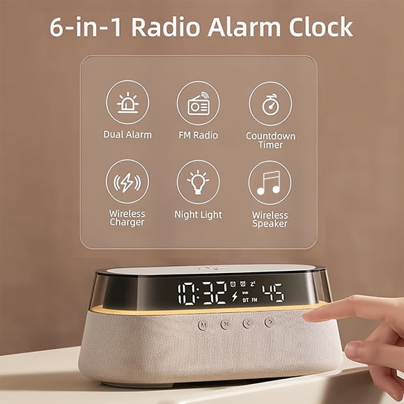 6-in-1 Alarm Clock with 15W Fast Wireless Charging - Bluetooth Speaker, Radio, Dual Alarm for Heavy Sleepers, USB Charger, RGB Night Light & Timer