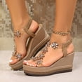 thumbnail image 3 of Rokment Glitter Crystal Flowers Platform Wedge Sandals for Women Sparkly Rhinestones Elegant Chunky High Heels Elastic Ankle Strap Bride Wedding Dress Summer Shoes Beach Khaki Size 6.5, 3 of 8