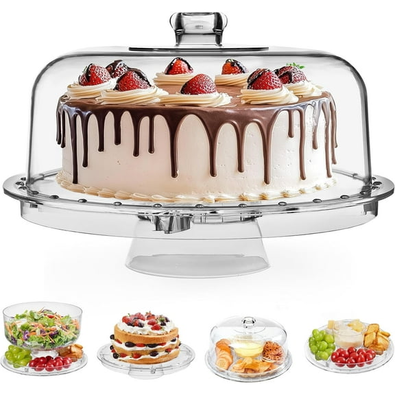 HBlife Acrylic Cake Stand with Dome Cover (12.2"), Multifunctional Serving Cookie Platter Punch Bowl and Cake Plate for Dessert Table Display for Parties (6 Uses)