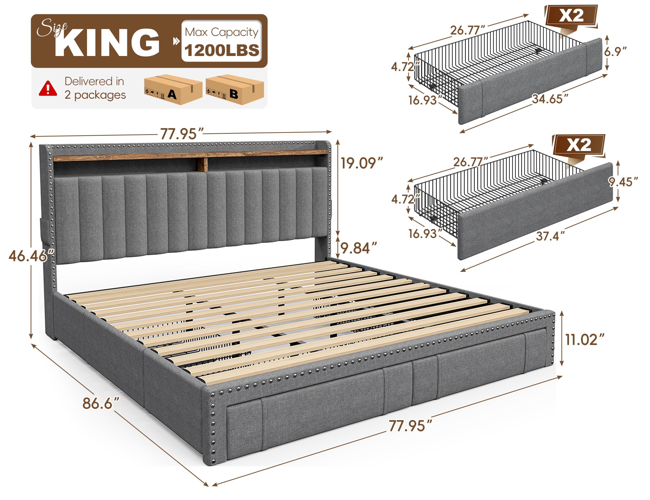 King Size Bed Frame with 4 Storage Drawers Upholstered Bed Frame with 2-Tier Shelf Bed Frame with Headboard & Side Pockets,Gray