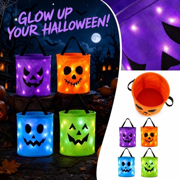 Clearance! 4 Pcs LED Light Halloween Candy Bags Light up Bags Reusable Pumpkin Bucket Multipurpose Halloween Baskets