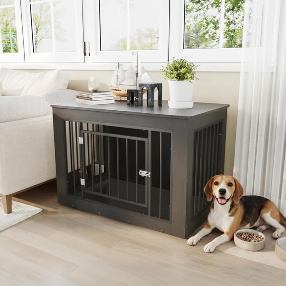 Dog Crate Furniture End Table, 38.2 Inch Wood & Steel Indoor Kennel with Lock