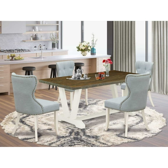 East West Furniture V077SI215-5 5-Piece Modern Dining Set- 4 Dining Padded Chairs with Baby Blue Linen Fabric Seat and Button Tufted Chair Back - Rectangular Table Top & Wooden Legs - Distressed...