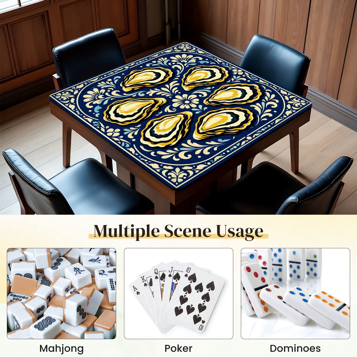 Mahjong Mat 31.5" x 31.5" Oysters Ornate Blue Floral Mediterranean Non-Slip Noise Reduction Mahjong Tiles Table Cover for Dominoes Poker Card Board and Tile Games