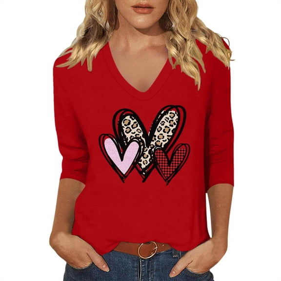 Shadoumai Valentines Shirts for Women Plus Size Cute 3/4 Sleeve Funny Graphic Tee Shirt Heart Shaped Fashion Casual Clothes Tops