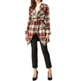 thumbnail image 2 of Unique Bargains Women's Shawl Collar Asymmetrical Hem Belted Plaid Coat XS Red White, 2 of 7