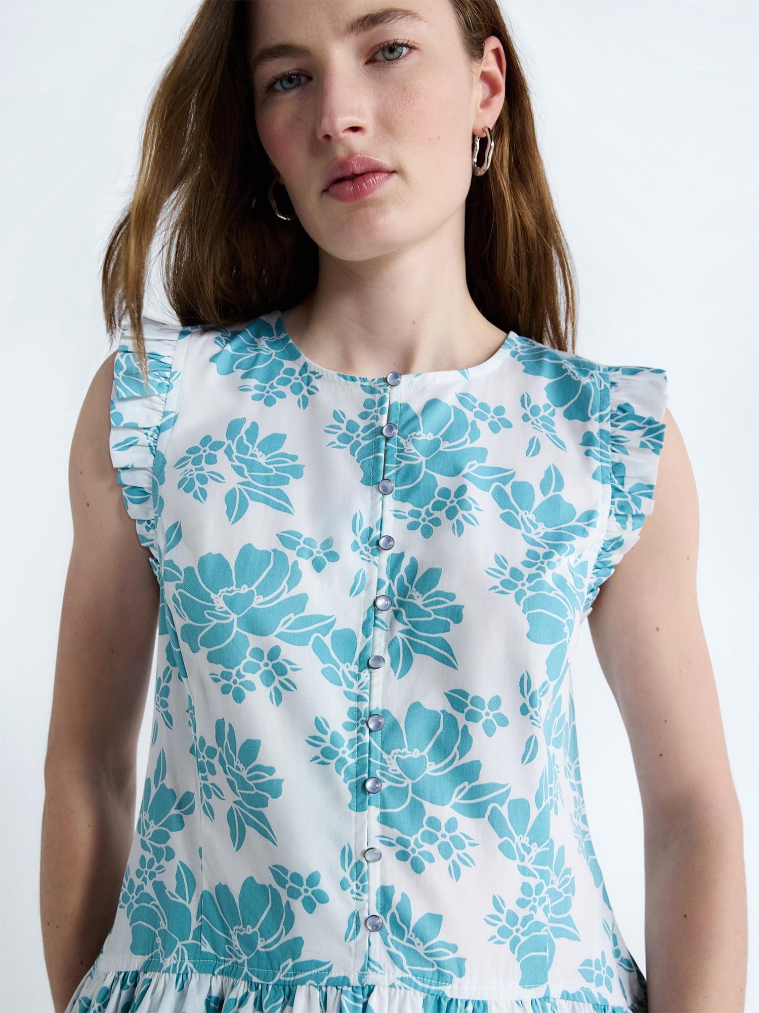 Free Assembly Women's Button Front Cotton Mini Dress with Flutter Sleeves, Sizes XS-XXL