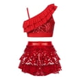 thumbnail image 2 of TiaoBug Kids Girls Gymnastic Dance Outfits Sequins Asymmetrical Shoulder Ruffle Crop Top with Skirted Shorts Set Red 14, 2 of 5