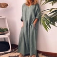thumbnail image 2 of CHOK Robe d'Été en Coton et Lin pour Femmes, Col Ras du Cou, Coupe Ample, Robe-Chemise Unie, Grande Taille, Lin, Décontractée, Longue, par-Dessus, 2 of 3