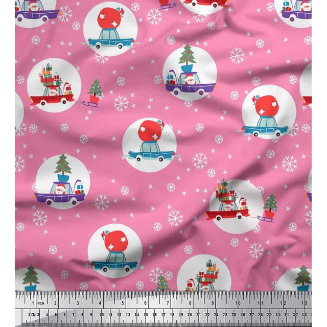 Soimoi Poly Georgette Fabric Gift Box,Car & Santa Christmas Printed Fabric 1 Yard 42 Inch Wide