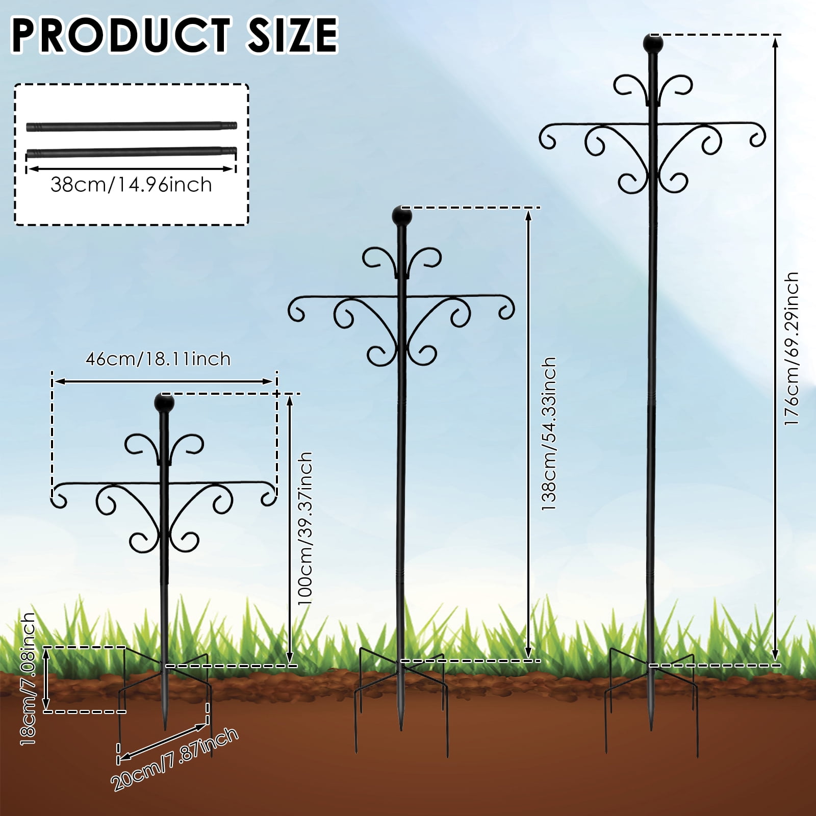 Sutowe Double Shepherd Hooks 76inch Metal Shepherd Crook Hook Rust Resistant Bird Feeder Pole with 5 Prongs Base for Bird Feeder Lanterns Plant Baskets