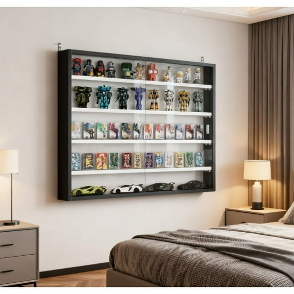 Black Wall-Mounted Display Case with Large Capacity & Clear Door – Stunning Collectible Showcase for Figurines Models & Memorabilia