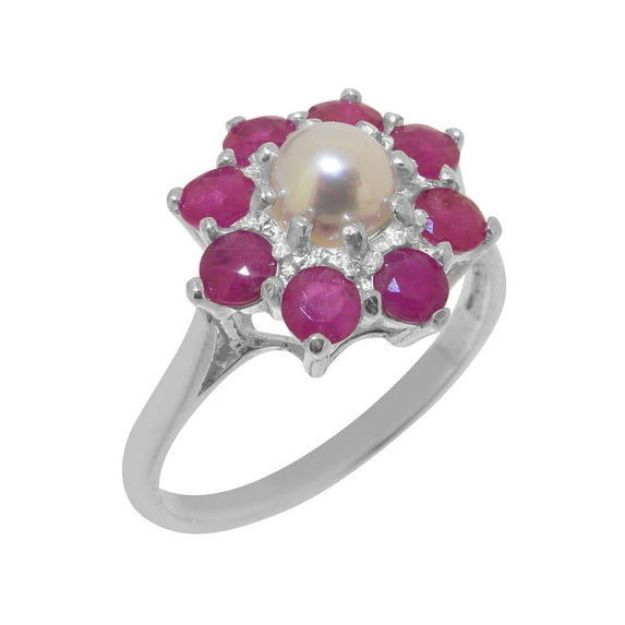 LBG British Made 14k White Gold Cultured Pearl & Ruby Womens Promise Ring - 33 size options - Size 6