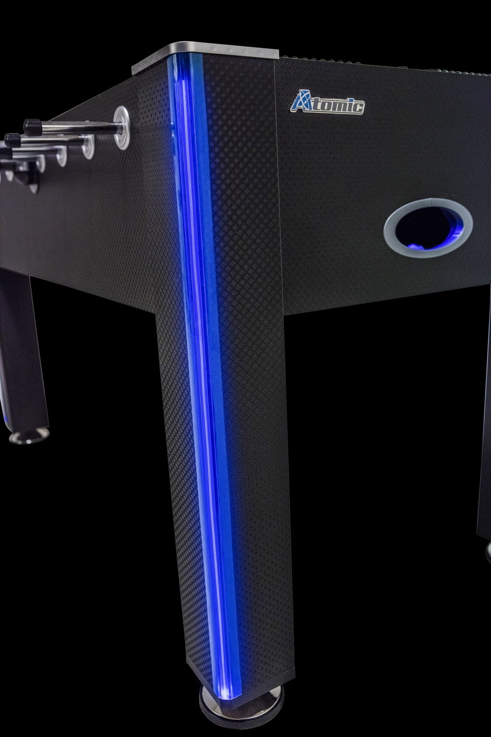 Atomic Azure LED Light Up Foosball Table with Interactive Inrail LED Lighting and Cascading Effects Paired with In Game Music