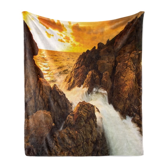 Beach Soft Flannel Fleece Blanket, Sunset and Waves over Tropical Wild Rocks on Beach Heaven Nature Summer Calm Print, Cozy Plush for Indoor and Outdoor Use, 50" x 70", Orange Grey, by Ambesonne