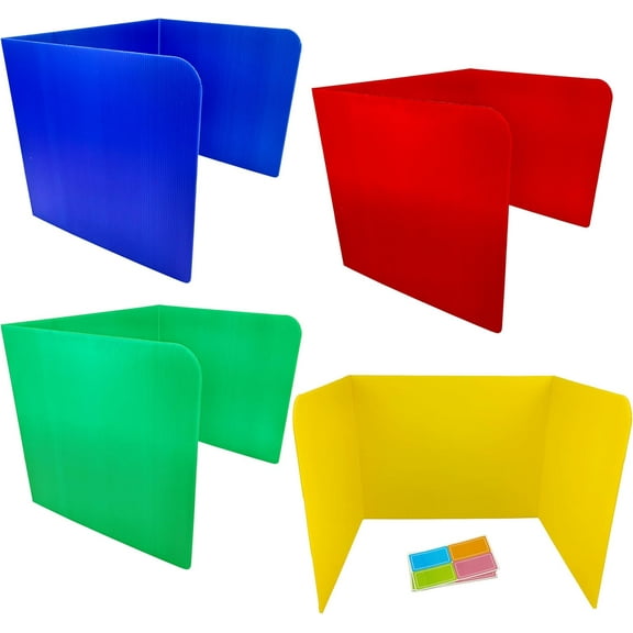 4E's Novelty Desk Privacy Panels for Students 4 Pack – Trifold Plastic Dividers, Primary Colors