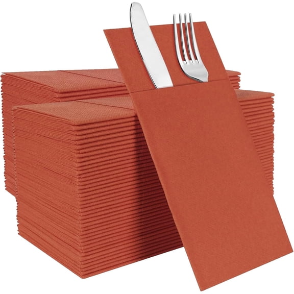Terracotta Disposable Napkins with Built-in Flatware Pocket, Linen Feel Prefolded Dinner Napkins for Weddings, Parties, Thanksgiving, Evening Events, 125 Pack