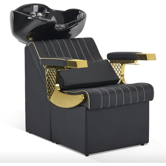 BarberPub Backwash Shampoo Station Chair and Bowl Unit, Porcelain Ceramic Basin Sink, Black&Gold Shampoo Barber Chair with Vacuum Breaker for for Barbershop Beauty Spa Salon 8615