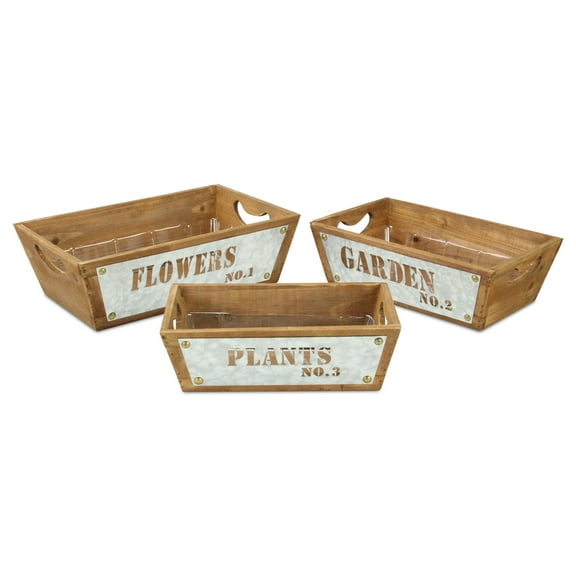 Set Of 3 Tapered Wood Storage with Galvanized Cutout Accent