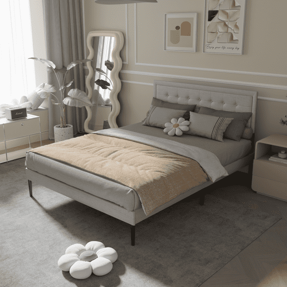 Newboti Furniture Iron Platform Bed Frame with Wooden slats support & Upholstered Headboard (Queen Size) - Grey 83796