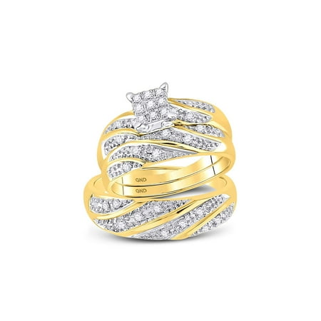 Round Diamond Wedding Set Ring - 10kt Yellow Gold His & Hers Round Diamond Cluster Matching Bridal Wedding Ring Band Set 1/3 Cttw