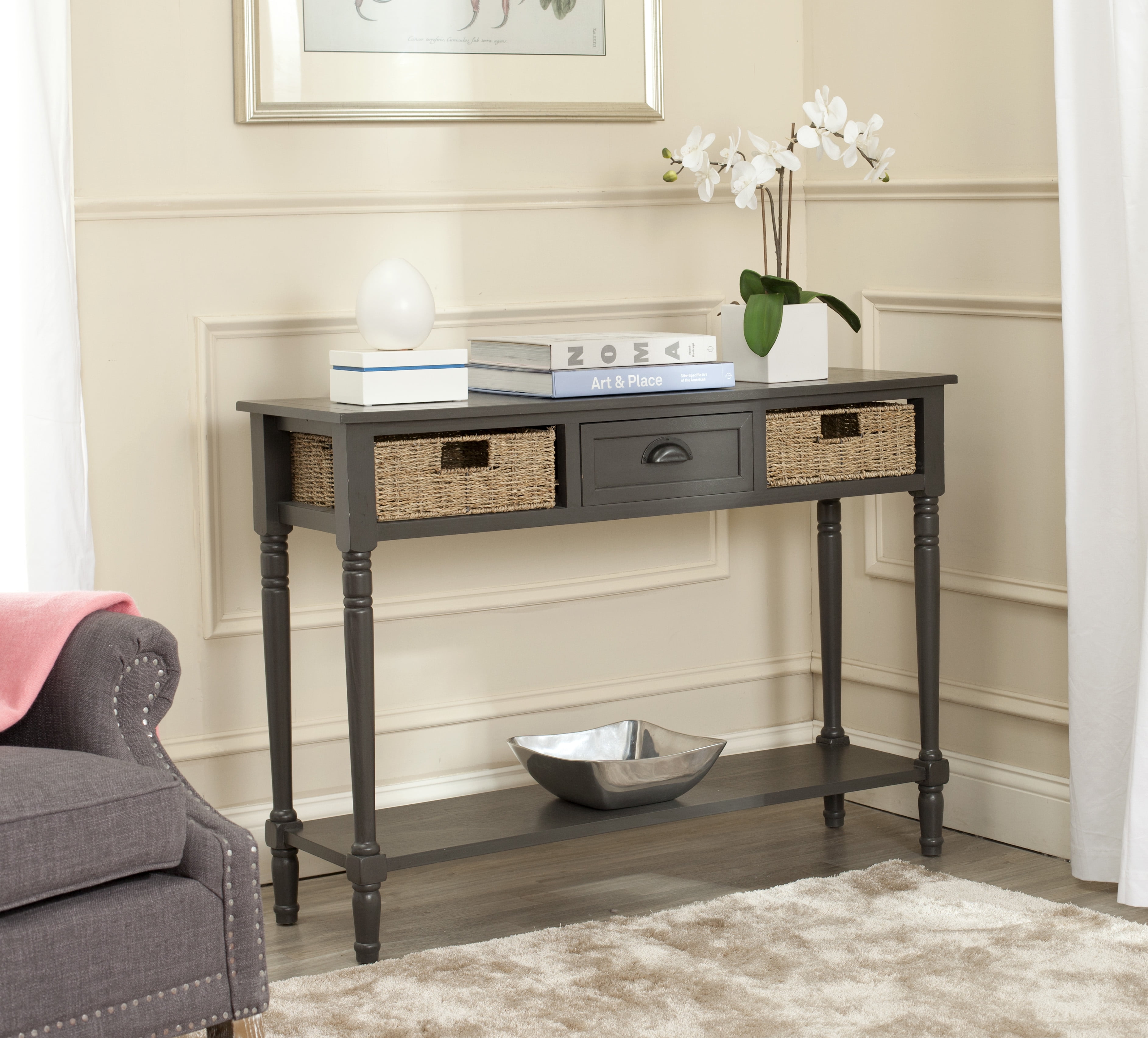 SAFAVIEH Winifred Wicker Console Table with Storage, Grey