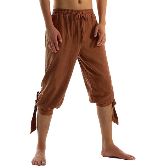Pirate Capri Pants Men's Renaissance Sailor Pants Viking Navigator Costume Medieval Drawstring Below Knee Shorts
