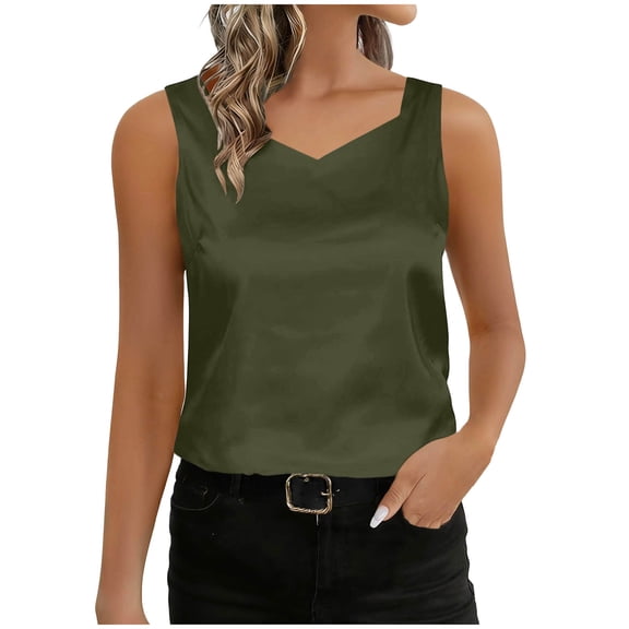 Women's Satin V Neck Wide Strap Tank Tops Solid Color Loose Casual Shirts For Work Party And Vacation